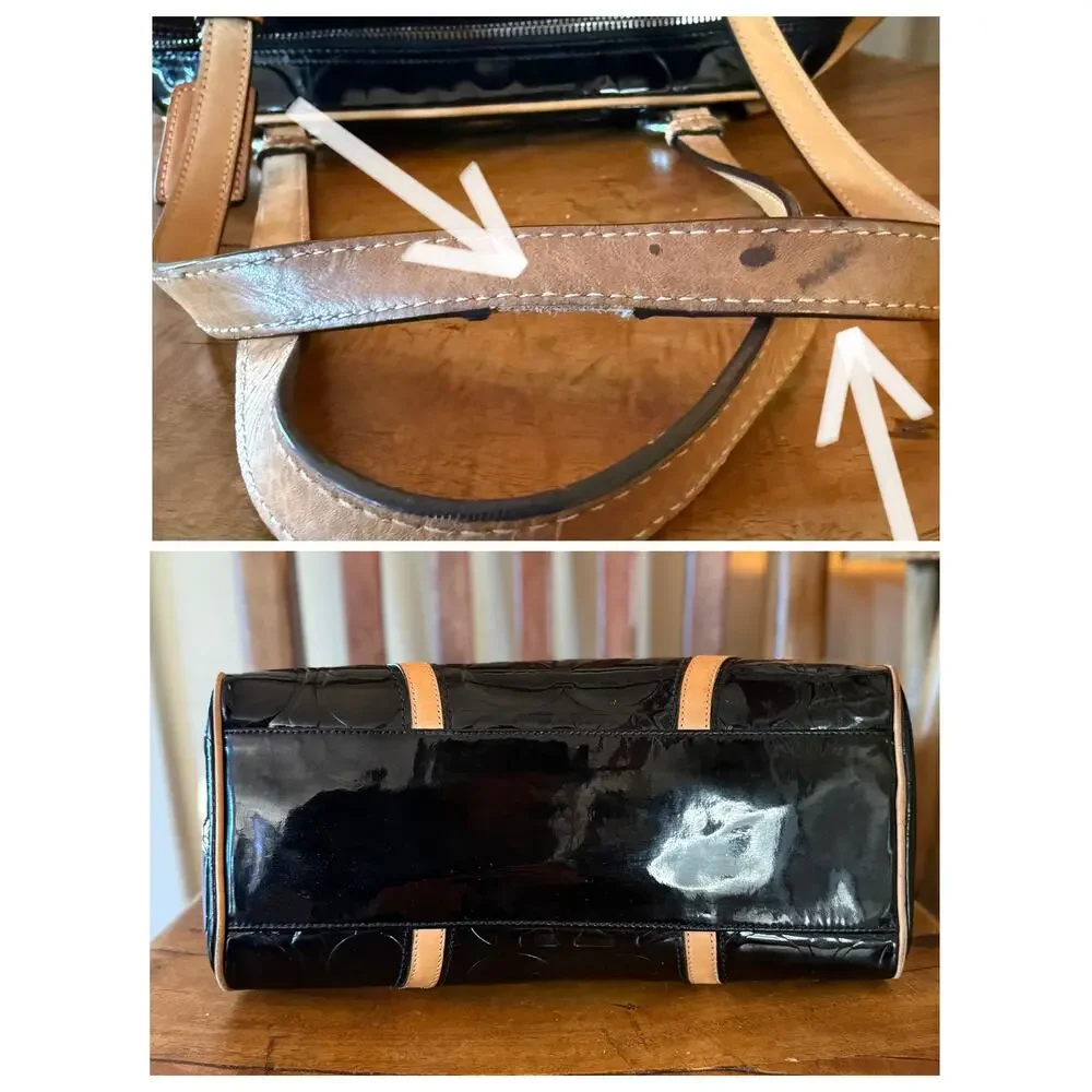 Coach Peyton Signature Embossed Patent Leather Satchel Black/Tan